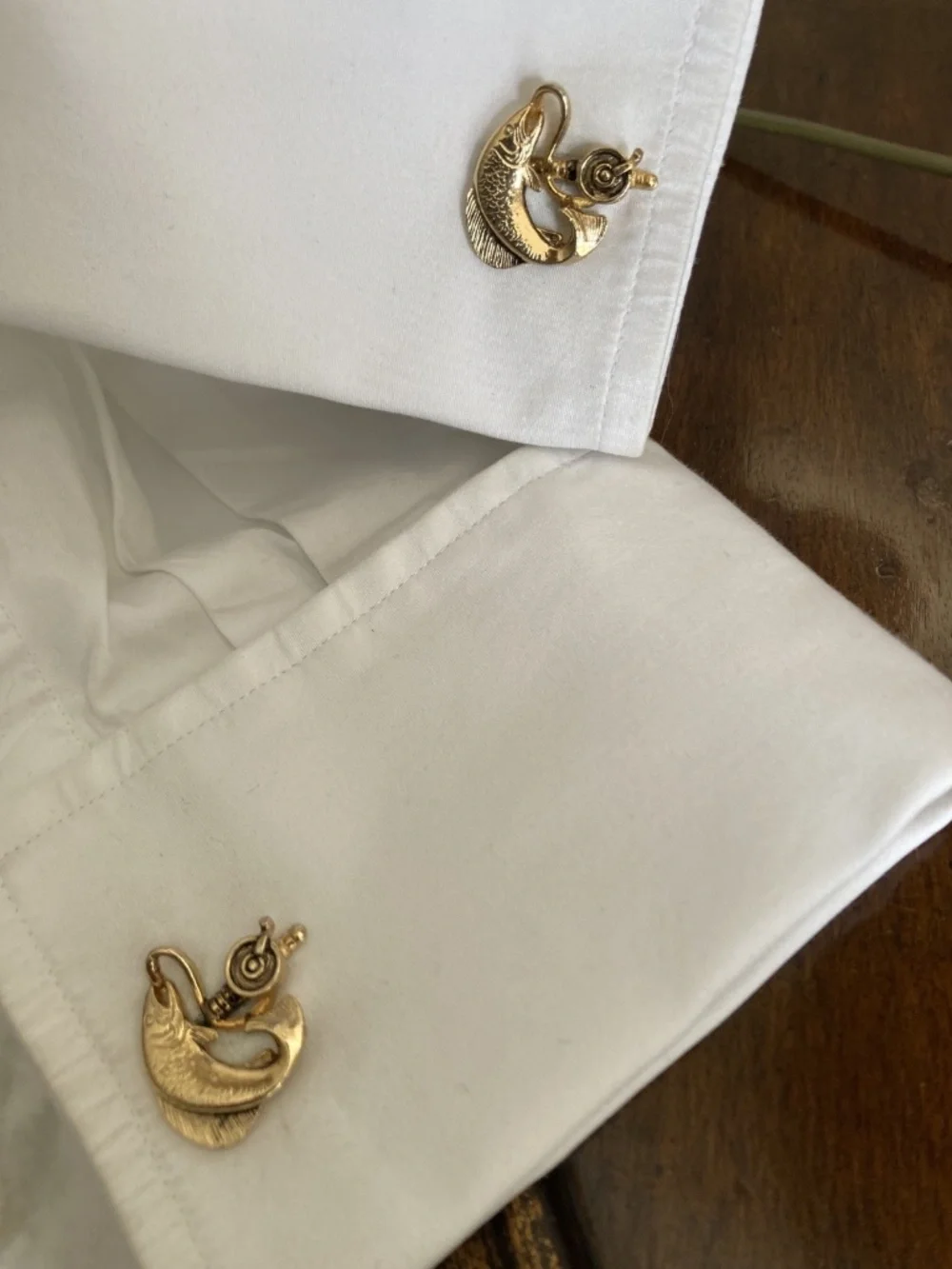 Vintage Anson Gold Tone Fish & Fishing Reel Cufflinks – PAT PEND – c. 1940s–1950